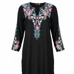 Johnny Was Boho Black Tunic Dress Embroidered Flowers Neck Ties Size Small